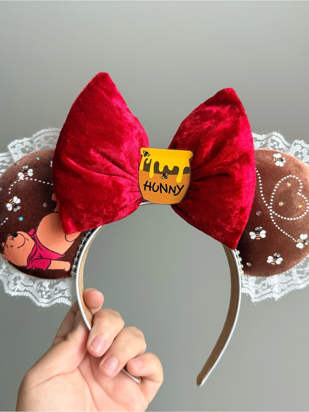 Girls Velvet Red Bow 'Hunny' Character Ear Headband